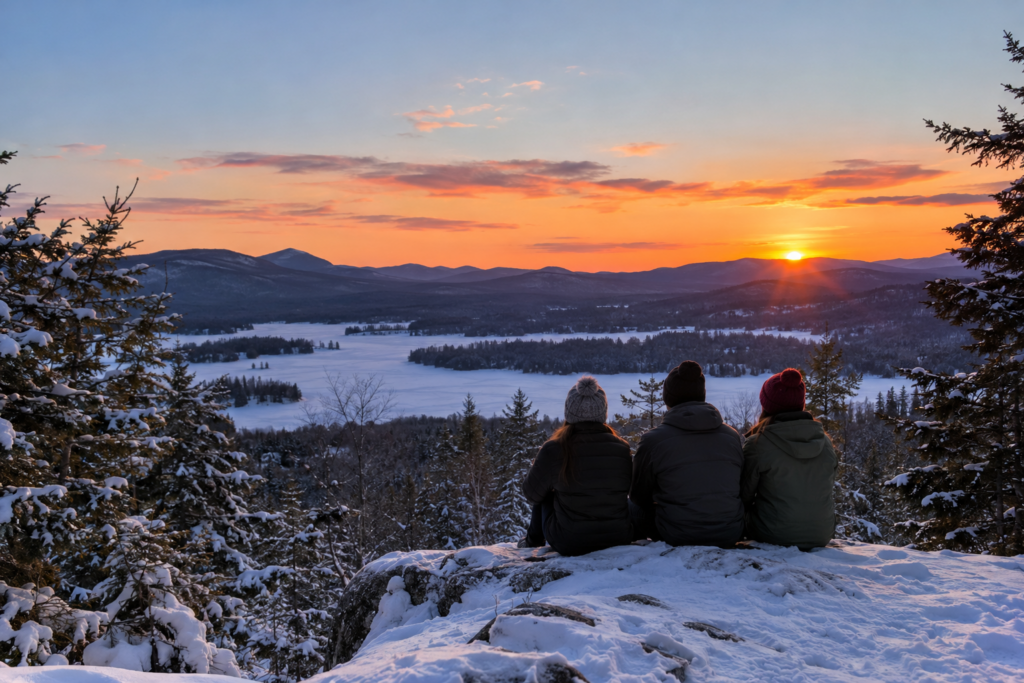 Friends enjoying a snowy Adirondack mountain overlook at sunset during a winter group getaway.